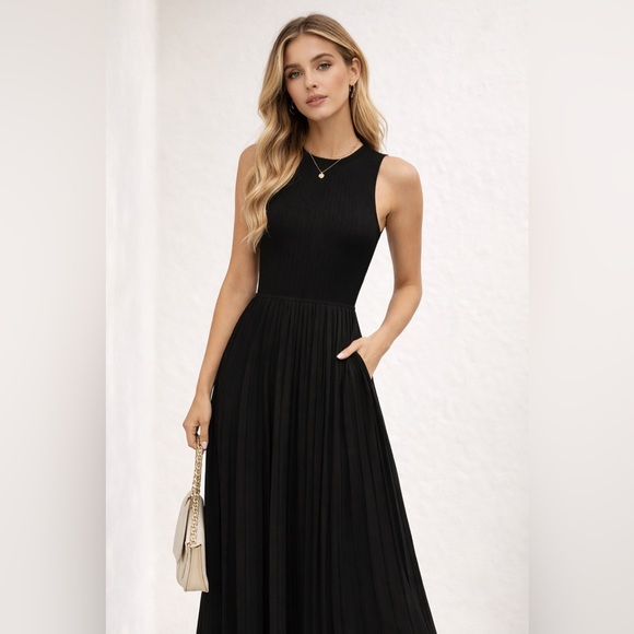 Zesica Dresses & Skirts - ZESICA Black Sleeveless Pleated Midi Dress | Ribbed Knit A-Line | Size L (12–14)